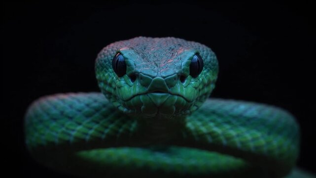Close up of green snake eyes in the dark