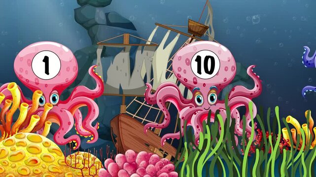 Educational Animation of Numbered Cartoon Octopuses Floating in the Ocean