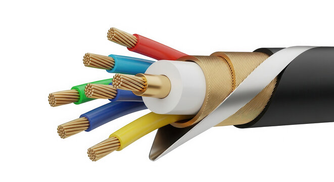 Multicore electrical cable with colorful wires and copper shielding isolated on transparent background