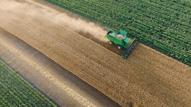 Aerial side view of a combine harvester raising dust during harvest