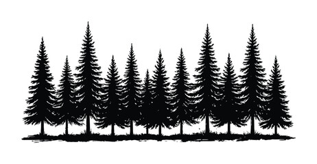 Black silhouette of a pine forest isolated on a white background © Biplob