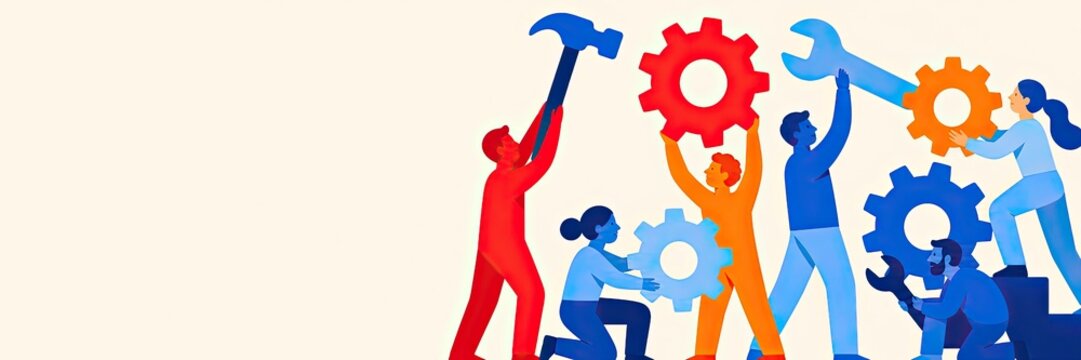 Teamwork concept with diverse group of people building large mechanical gear structure together symbolizing collaboration and successful business management.