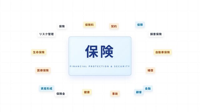 Sophisticated motion graphics featuring 16 semantic Japanese insurance and financial keywords converging from four directions into a luminous central Hokken hero kanji on a clean solid white backgroun