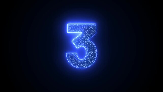 Number 3 Glowing Blue Neon Animation with Sparkling Particles