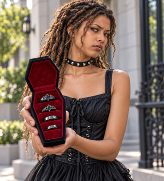Goth person presenting coffin shaped jewelry box with dark rings for alternative proposal or dark fashion concept.