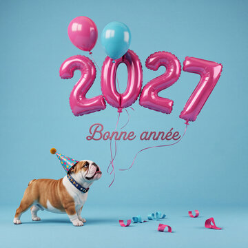 Chien bouledogue festif c&eacute;l&eacute;brant Bonne ann&eacute;e 2027 avec ballons roses et bleus sur fond bleu turquoise

