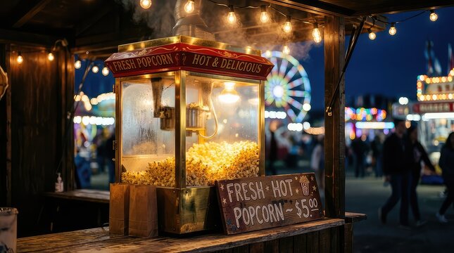 Fresh hot popcorn at a carnival food stand
