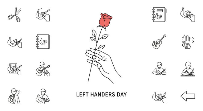 Left Handers Day Rose Icon Set Isolated Transparent Background