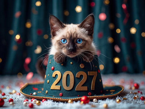 Chat siamois &eacute;l&eacute;gant aux yeux bleus c&eacute;l&eacute;brant le Nouvel An 2027 avec n&oelig;ud papillon rouge et d&eacute;corations festives dor&eacute;es

