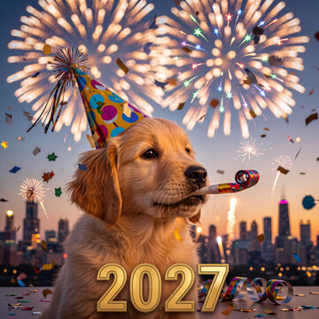 Chiot golden retriever festif c&eacute;l&eacute;brant le Nouvel An 2027 avec chapeau color&eacute;, sans-g&ecirc;ne, confettis et feux d&rsquo;artifice urbains

