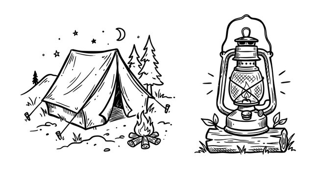 Camping tent in forest under starry night with campfire and vintage lantern on log, hand-drawn sketch for outdoor adventure and wilderness exploration.
