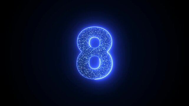 Number 8 Glowing Blue Neon Animation with Sparkling Particles