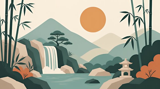 Calm Scenic Landscape with Waterfall and Sun
