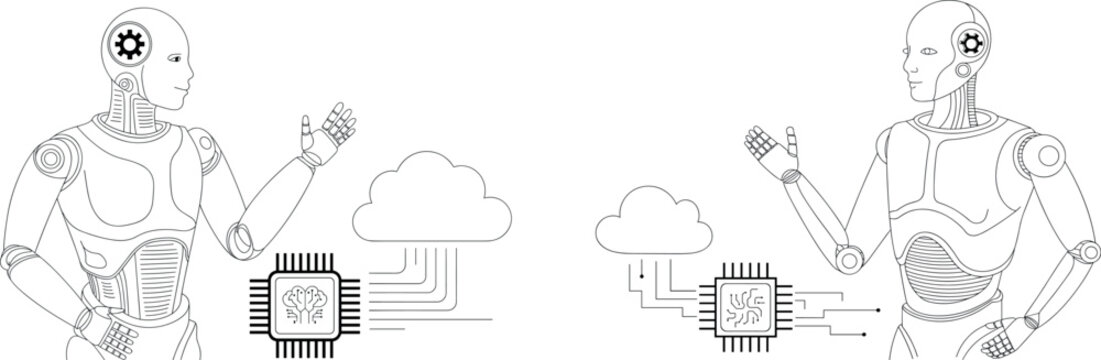 Artificial intelligence line art vector set of humanoid robots interacting with microchips and cloud computing networks on white background