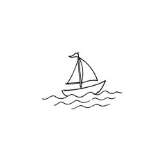 Sailboat floating on wavy ocean water hand drawn doodle isolated on transparent background for maritime travel concepts and summer vacation themed design work. © Mr WaQaS