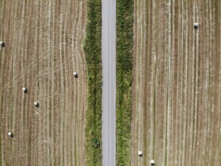 Aerial view of a country road between hay fields © Elena