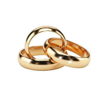 Set of two interlocking gold wedding rings with sparkle light on transparent background.
