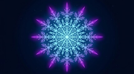 Obraz premium Radiant neon ice crystal snowflake with purple tips on dark blue