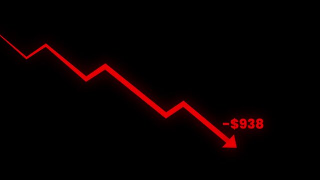 Red Downward Stock Market Chart with -$1,000 Loss on Black Background, Falling Financial Graph and Negative Business Trend Concept for Investment, Finance and Trading