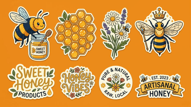 A vibrant collection of eight honey-themed stickers and labels featuring bees, honeycomb, flowers, and various honey product branding on an orange background.