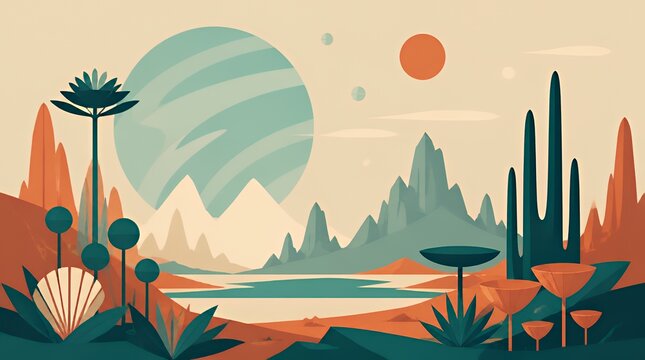 Vibrant Abstract Landscape with Large Teal Planet and Desert Flora