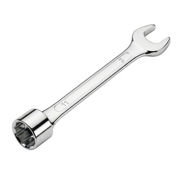 Shiny metal combination spanner wrench tool with stamped size markings for mechanics.