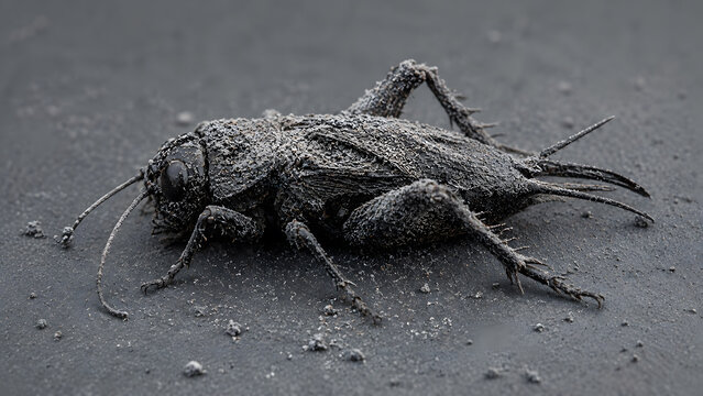 Black cricket insect covered in dust or ash resting on dark ground for pest control and entomology concepts