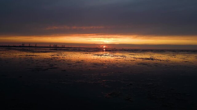 Aerial View of Dramatic Sunset Sky Over North Sea, Tossens