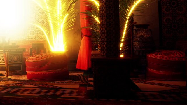 In the evening, a room is filled with warm light. The walls show intricate patterns and designs. Cushions are placed on the floor, creating a cozy environment.