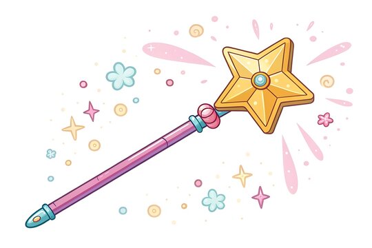 Colorful star-shaped magic wand with sparkles background