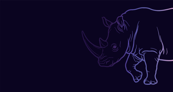 Wild rhinoceros head sketch, horned rhino safari banner, glowing purple mammal line art, dark savannah nature background border, vintage engraved herbivore beast drawing, fantasy endangered animal ill