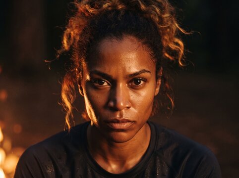 Fierce African female athlete stares directly at the camera with a sweaty face in a dark setting. Warm firelight illuminates the strong woman, highlighting intense determination and