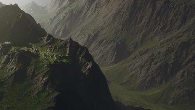 Mountains rise high with rocky surfaces and green patches visible. Valleys lie between the peaks, capturing sunlight. The setting shows natural landscapes and rugged terrain.