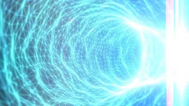 Futuristic cyan wireframe tunnel composed of glowing polygonal lines
