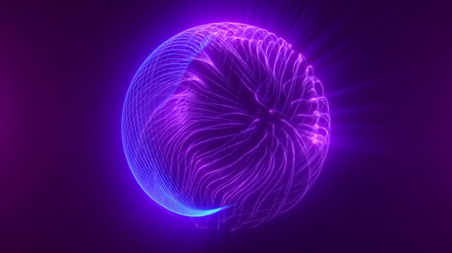 Abstract purple and blue energy orb formed by luminous flowing strands