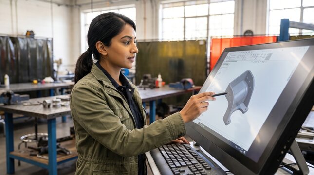 Using a large CAD workstation, a young female mechanical engineer inspects a formed metal mounting panel with a stylus while reviewing geometry inside an active industrial fabrication workshop