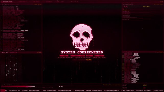 Pixelated skull icon with system compromised warning text on hacked computer screen user interface