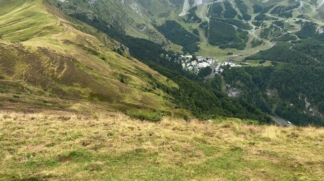Panorama of the Col d Aubisque, in the French Pyrenees massif, symbol of the Tour de France, in Bearn, France 