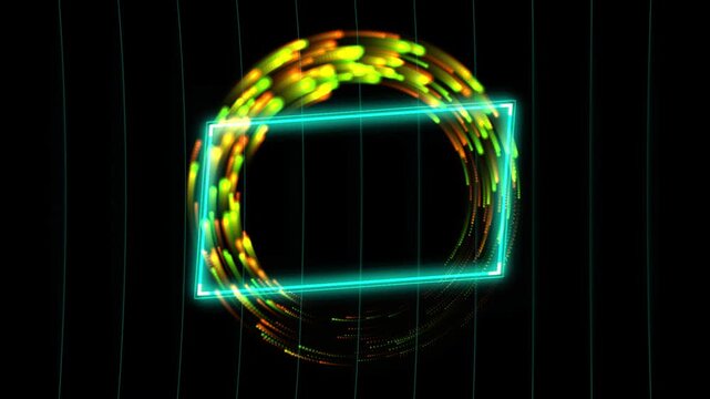 Neon rectangular frame with swirling orange and yellow glowing light particles rectangular border particle 4K video
