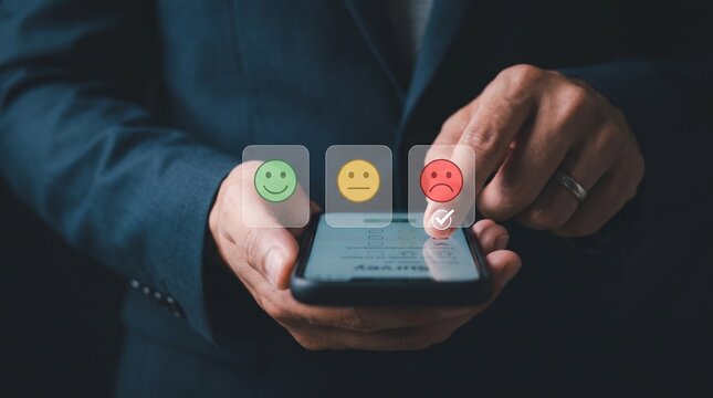 A businessman using a smartphone to select a negative feedback rating icon to express dissatisfaction with a service experience