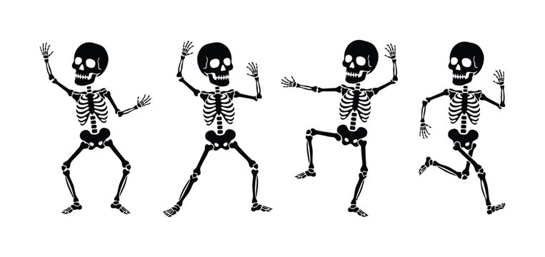 Set of four cartoon skeletons dancing and moving in different poses