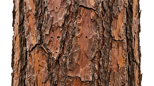Cracked brown pine tree bark captures rugged natural wood texture on white background.