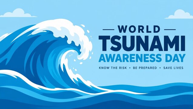 World tsunami awareness day banner with stylized ocean wave in blue