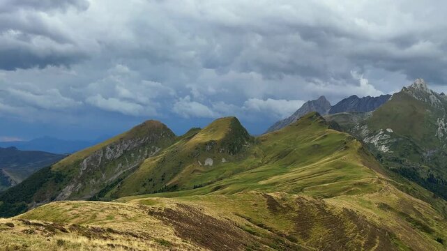 Panorama of the Col d Aubisque, in the French Pyrenees massif, symbol of the Tour de France, in Bearn, France 
