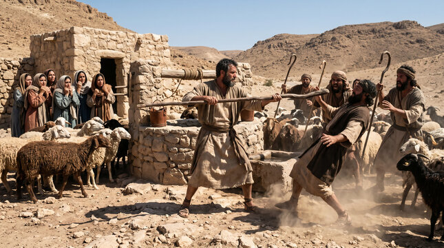 Moses bravely defending the seven daughters of Jethro, driving away aggressive shepherds from the desert well with his staff.