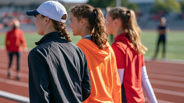 Three teenage friends from a community athletics club doing a group warm up walk on the outdoor track, coach watching from the infield, early competitive season energy, focused