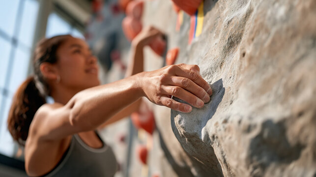 Close-up hands of female rock climber gripping competition hold on artificial wall, finger tendons tense, colorful route markers, indoor climbing competition, sport climbing