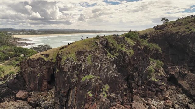 Norries Headland boardwalk aerial drone footage above the coastal walking track, Cabarita Beach, NSW Australia