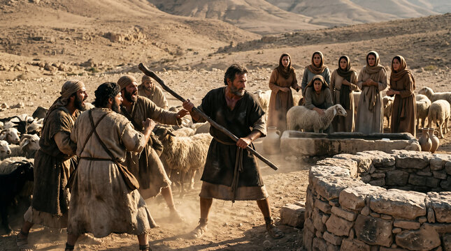 Moses bravely defending the seven daughters of Jethro, driving away aggressive shepherds from the desert well with his staff.