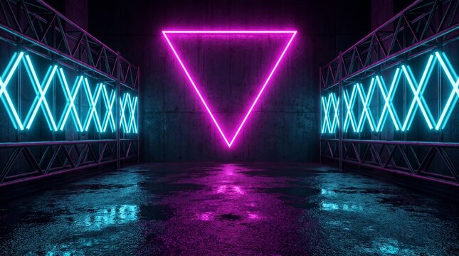 Futuristic stage with triangle neon frame and x shaped blue light fixtures on wet dark floor room.